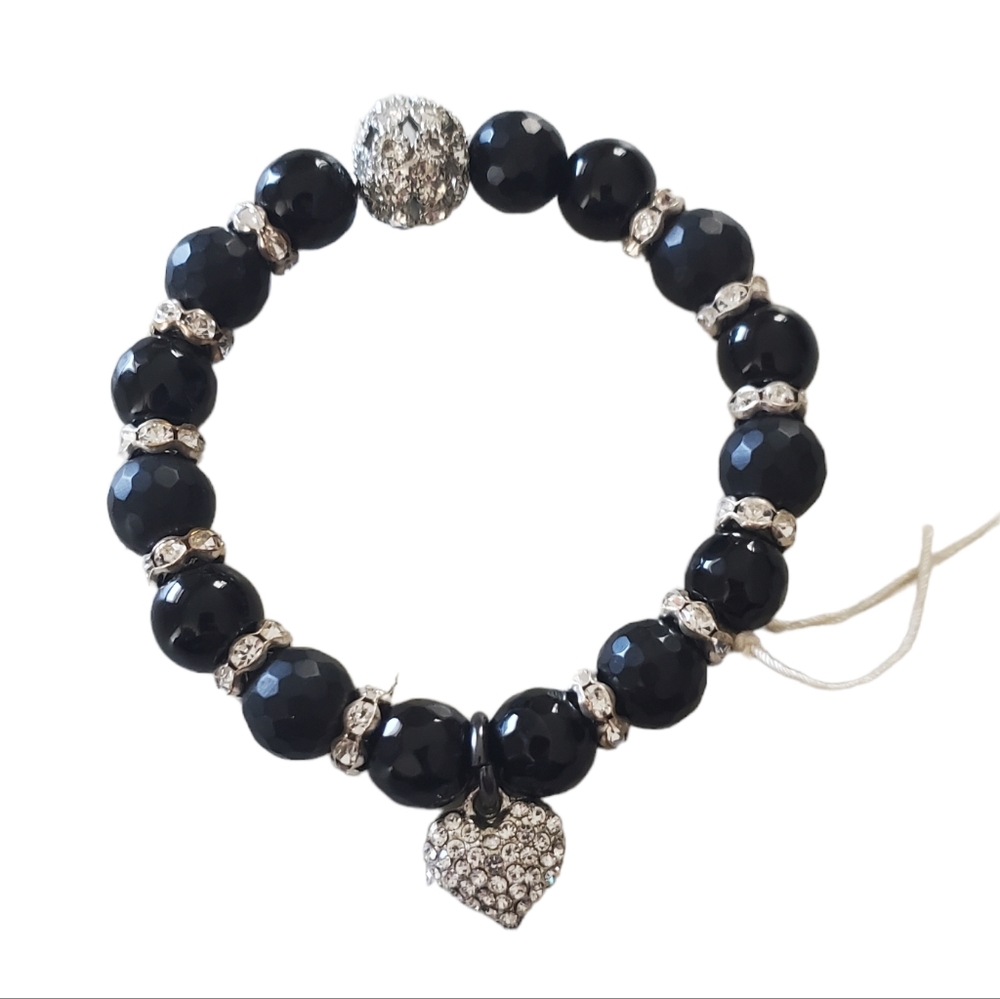 Handmade Beaded Black and Rhinestone Charm Fashion Jewelry Bracelet Heart